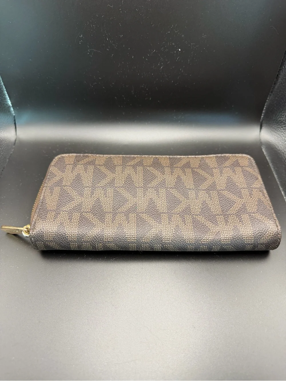 Michael Kors Brown MK Logo Zip Wallet with Gold Plate